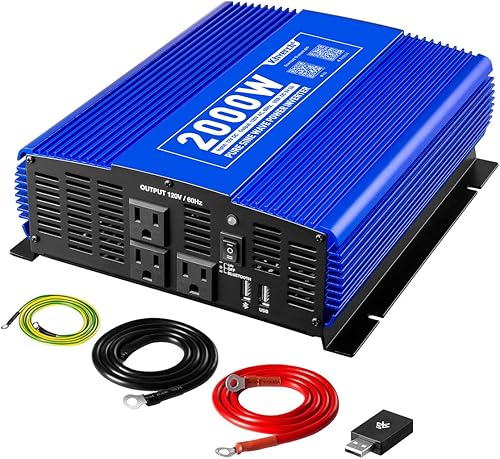 Inversor de onda sinusoidal pura de 2000 W, 12 V CC a 110 V CA, inversor de corriente alterna para automóvilcamiónRV con 3 salidas de CA y 1 puerto