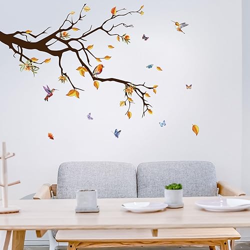 Miniatura 2 de ADECNS Pegatinas de pared de pájaros amarillos en ramas de árbol largas, removibles, creativas ramas de árbol, calcomanías de pared, bonitos