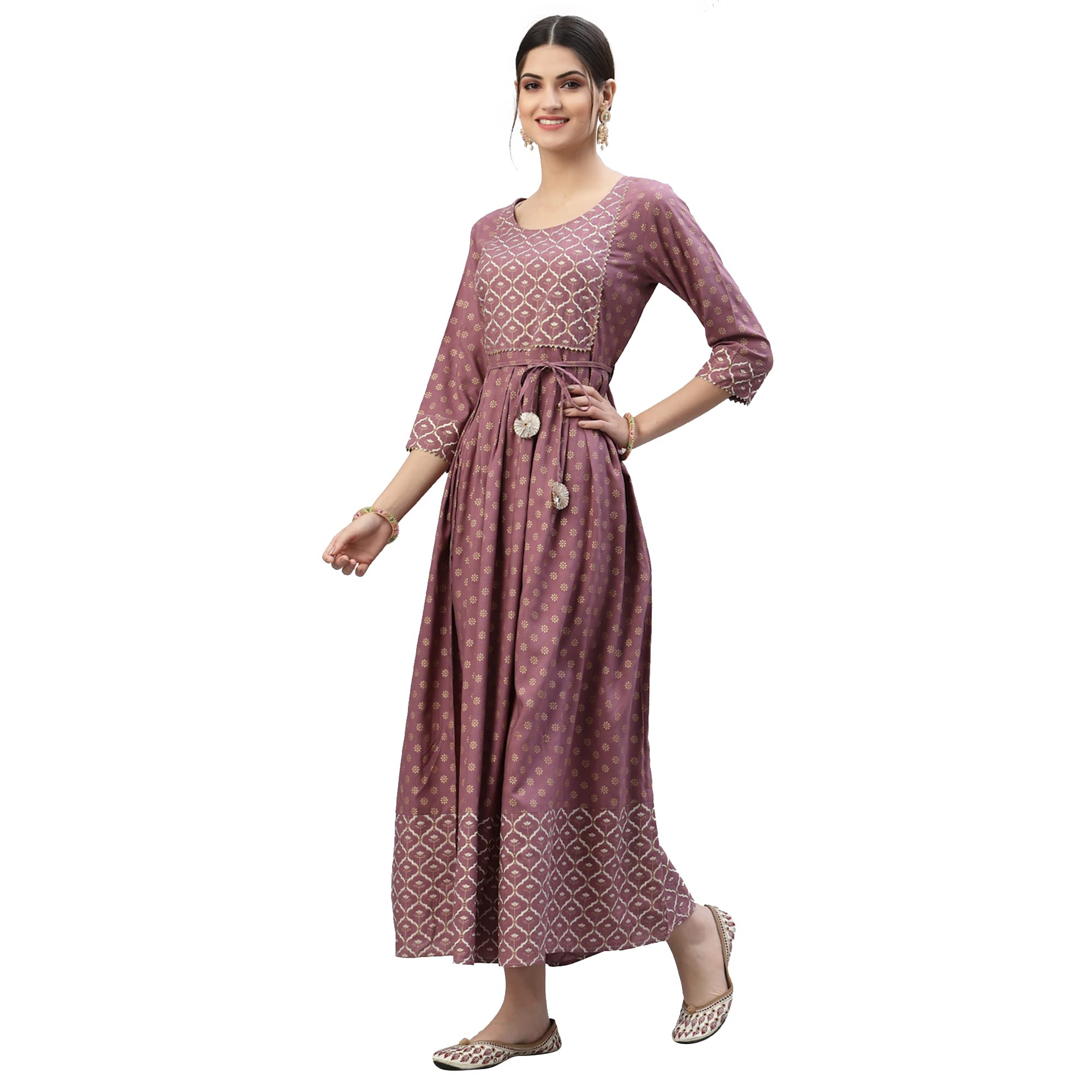 Stylum Women's Gold & Khari Printed Rayon Flared Long Ethnic Dress (Sonymauve36_Purple, S)