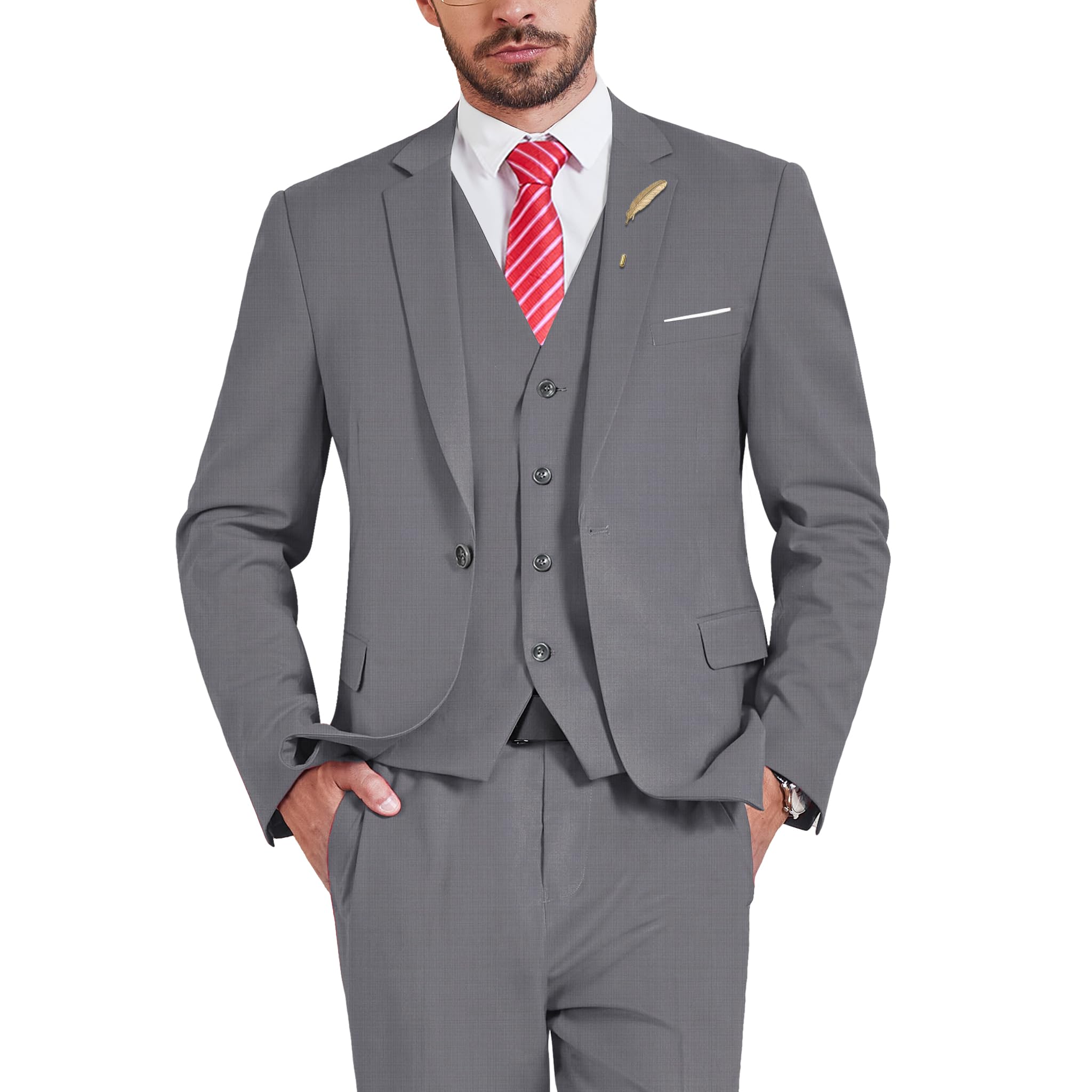 MrSure メンズ 3ピーススーツブレザー スリムフィットタックス ボタン1つ付き ジャケットベストパンツ ネクタイセット パーティー ウェディング ビジネス用