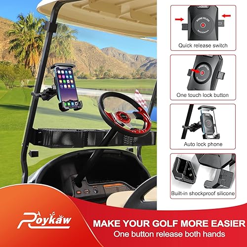 Miniatura 4 de Roykaw Soporte de teléfono para carrito de golf compatible con EZGO/Club Car/Yamaha, actualización de liberación rápida y bloqueo de un solo toque,