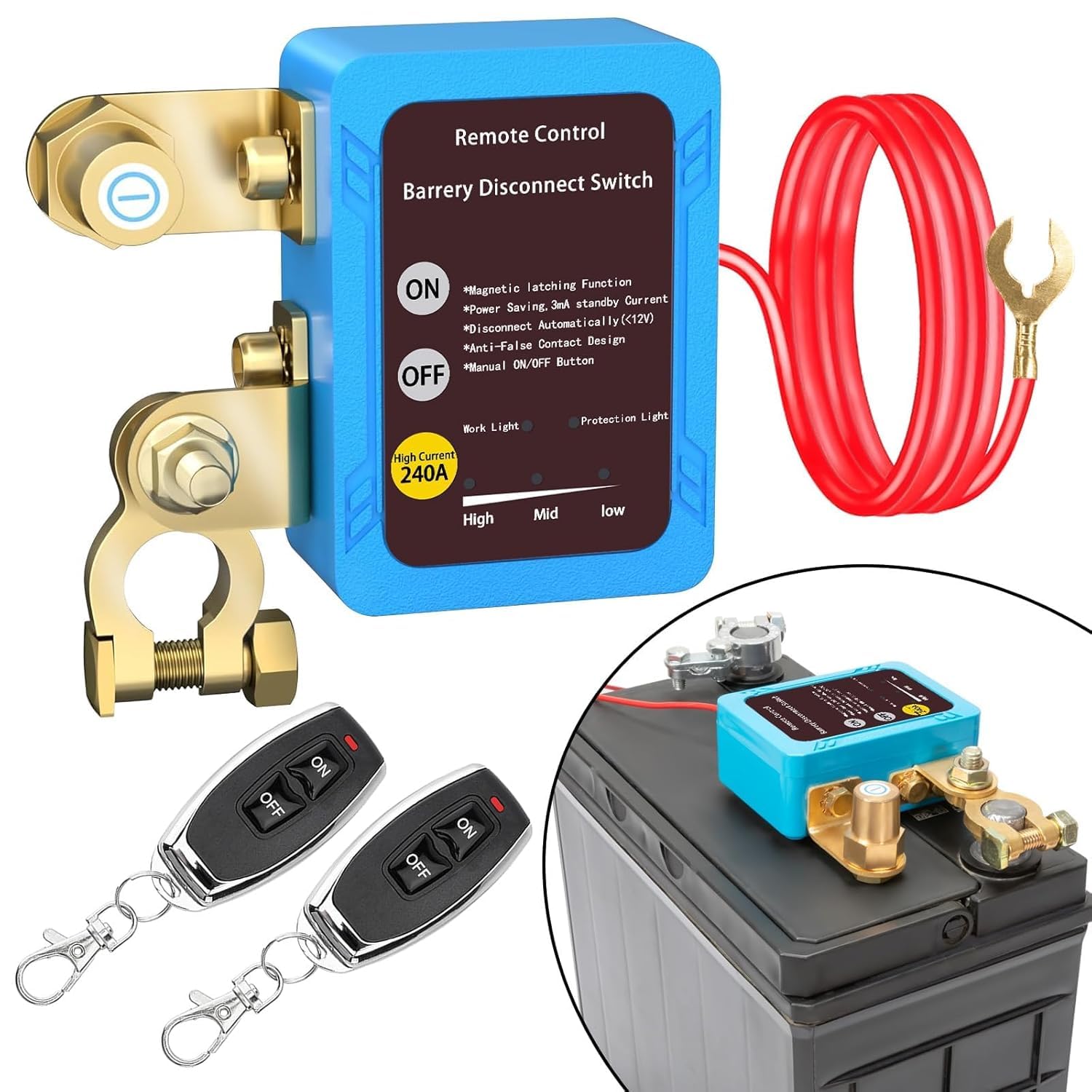 Coupe Circuit Batterie 12V avec Télécommande, 12V 240A Coupe Batterie Voiture Interrupteur D'arrêt Automatique, Disjoncteur de Batterie pour Voiture Bateau RV ATV Camion