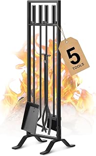 Gtongoko 5-Piece Wrought Iron Fireplace Tools Set with Stand - Poker, Tongs, Shovel, Brush - Black for Indoor Outdoor Fire Pits