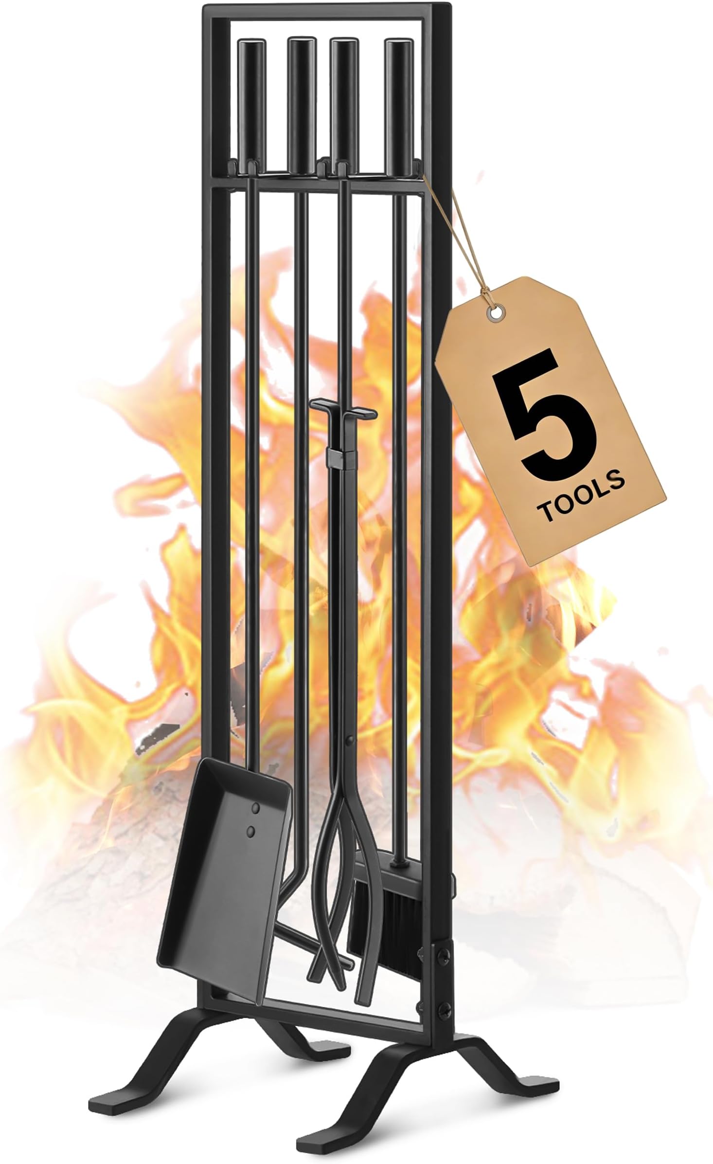 Premium 5 Pcs Wrought Iron Fireplace Tools Set for Outdoor/Indoor,Fire Place Set Tools Include Poker,Tongs, Shovel,Brush and Stand Accessories Set,Black