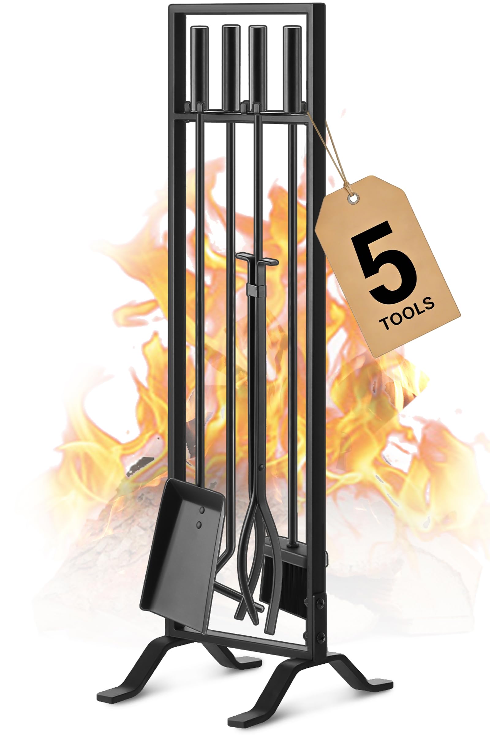 Gtongoko Premium 5 Pcs Wrought Iron Fireplace Tools Set for Outdoor/Indoor,Fire Place Set Tools Include Poker,Tongs, Shovel,Brush and Stand Accessories Set,Black