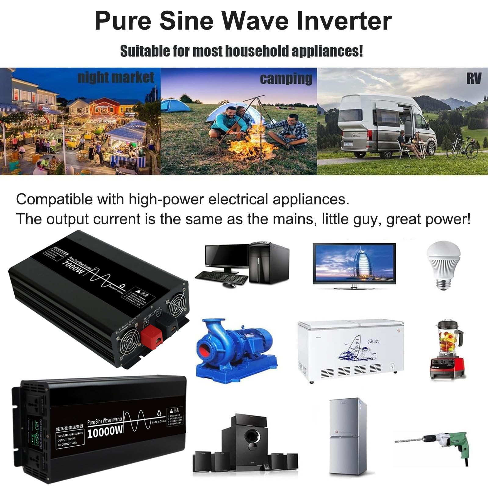 Falownik Przetwornice samochodowe o mocy 10000 W, przetwornica napięcia 24 V DC na 110 V AC z podwójnymi gniazdami prądu przemiennego i wyświetlaczem LCD,48V to 220V