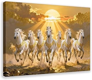 Traditional 7 Running Horses Vastu Canvas Wall Art Print White Horses Sunset for Positive Energy Home Decor, 20x30inch(50x75cm) Frame