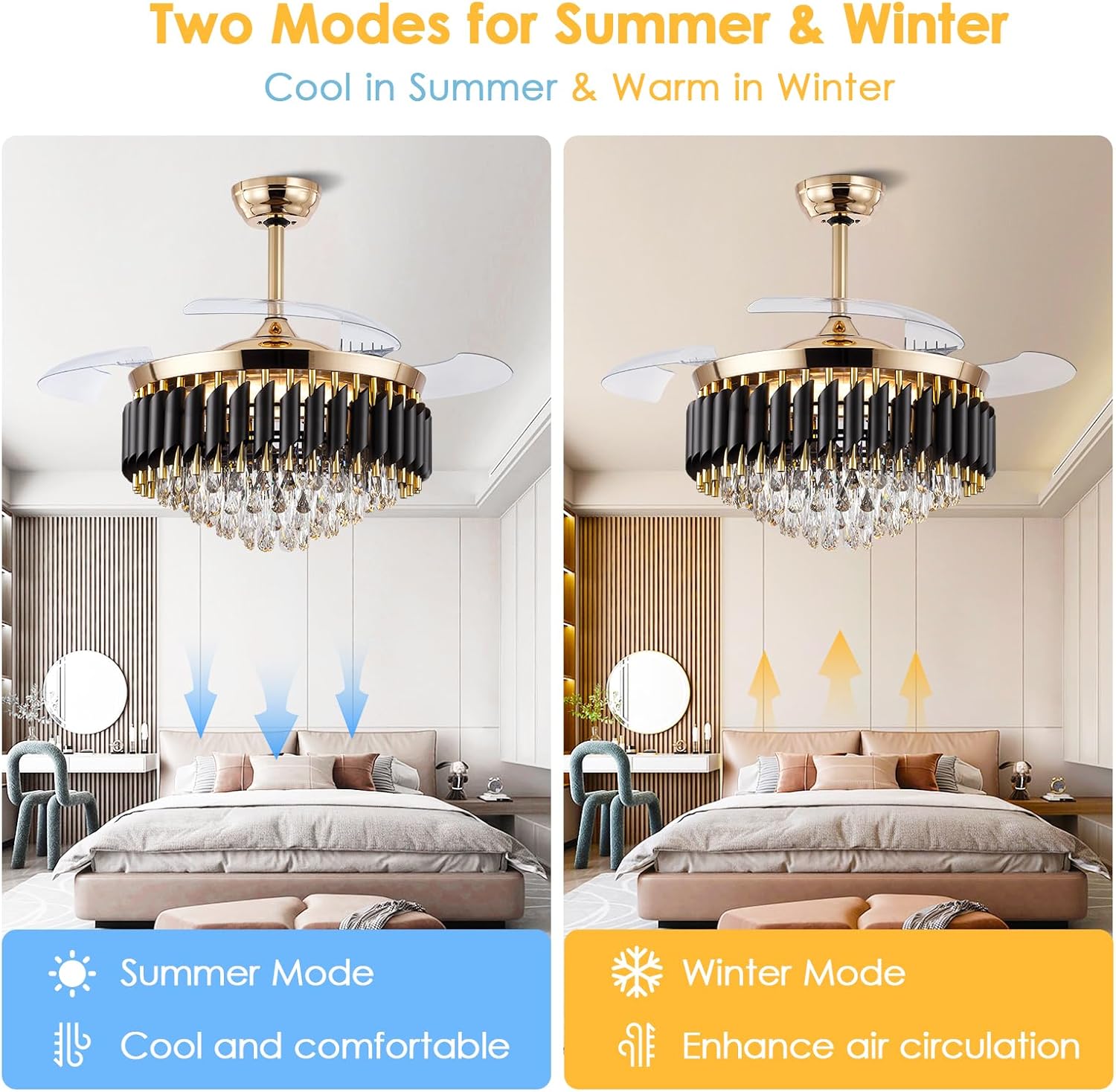 Asyko 48" Golden Crystal Ceiling Fans with Lights and Remote and APP, Modern Retractable Blades Ceiling Fan with 3 CCT for Living Room,Dining Room, Kitchen, Reversible