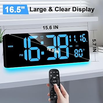 XREXS 16.5 Inch Digital Wall Clock Large Display with Remote Control