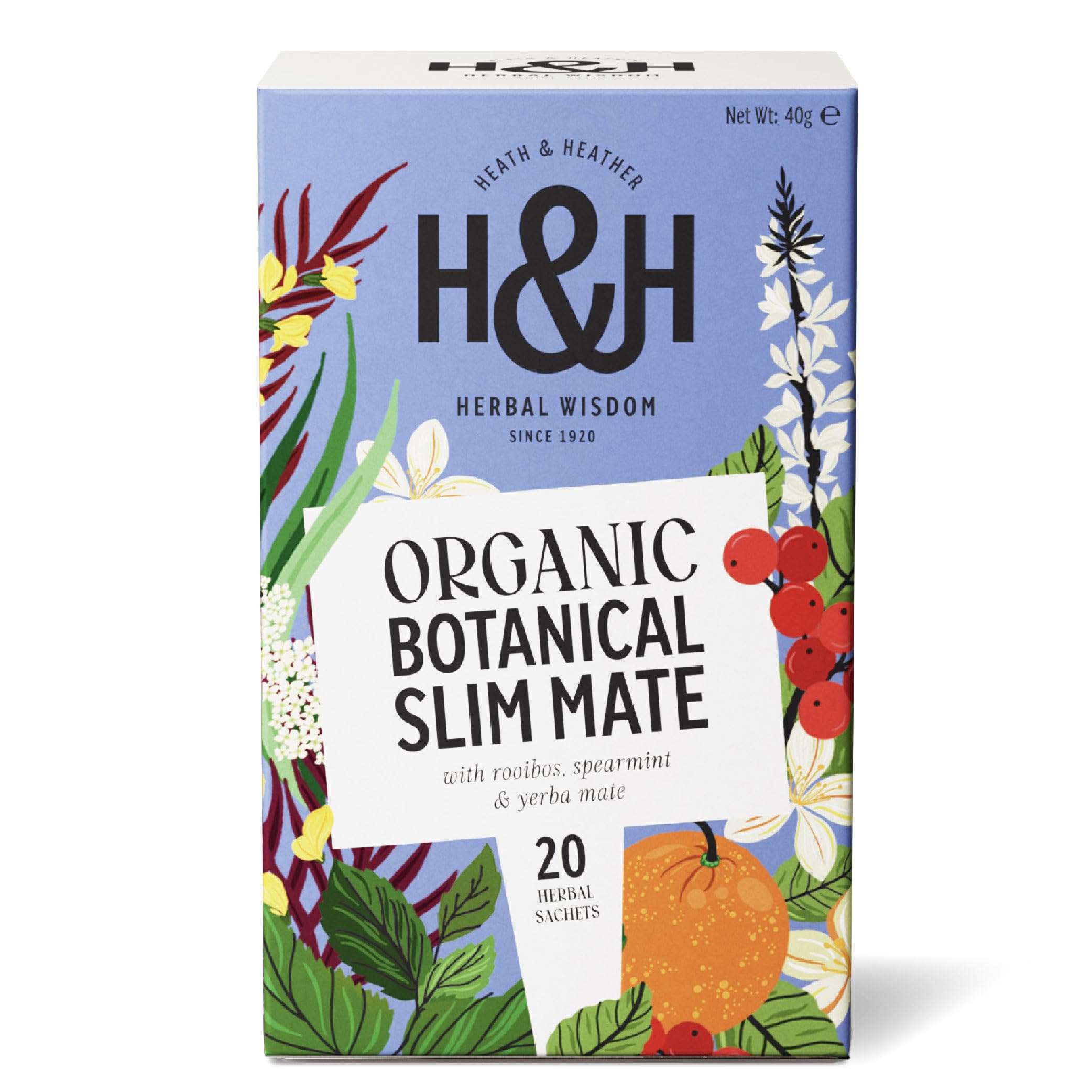 Heath & Heather - Organic Slim Mate Tea with Green Tea, Yerba Mate & Lemongrass • Naturally Energising & Metabolism Supporting • Vegan • 20 Tea Bags