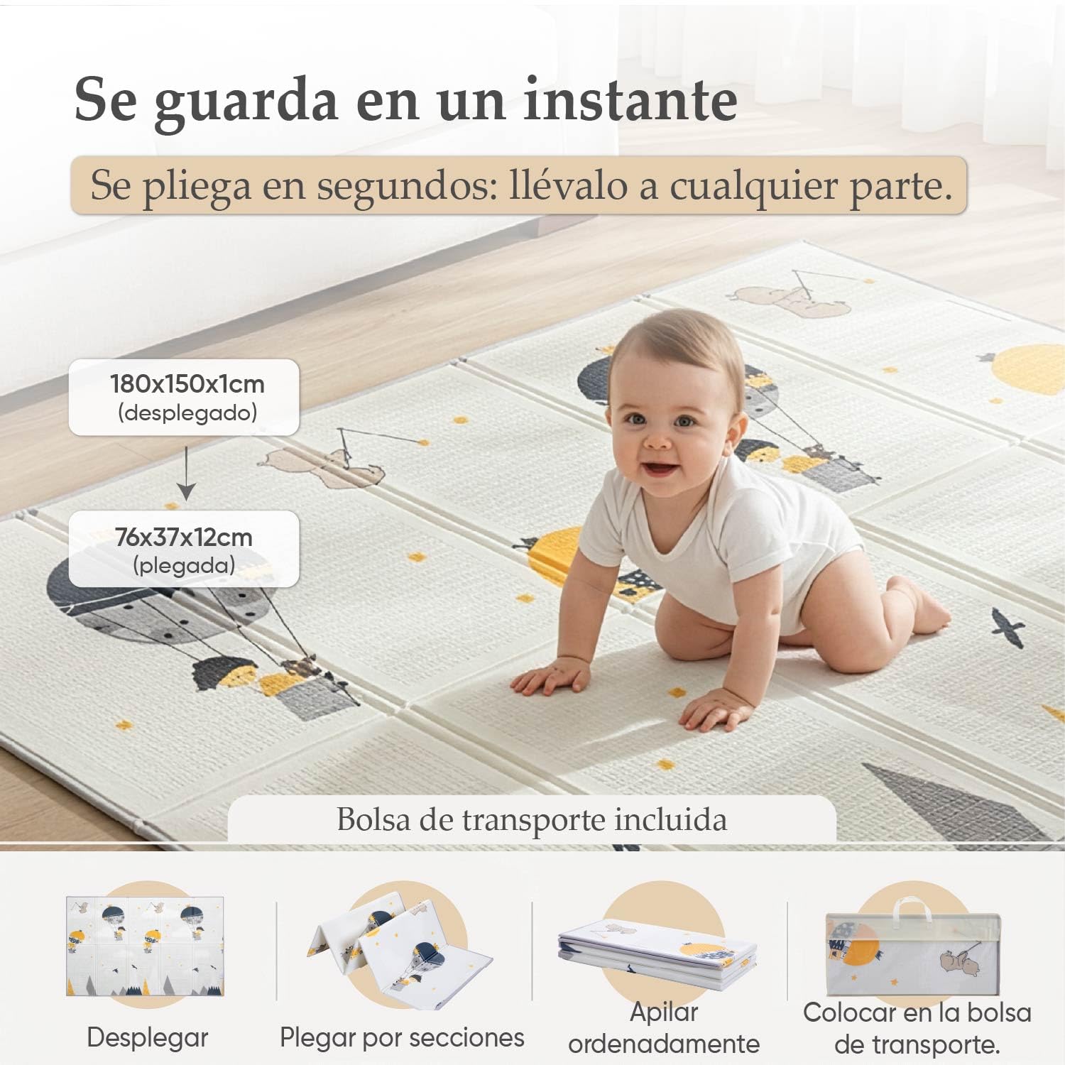 Colchoneta Bebe Suelo | Alfombra Juegos Bebés Acolchada con Bolsa de Transporte | 180x150 cm Baby Playmat, Alta Densidad, Material Espuma XPE | Alfombra Gateo Bebé Suelo Plegable