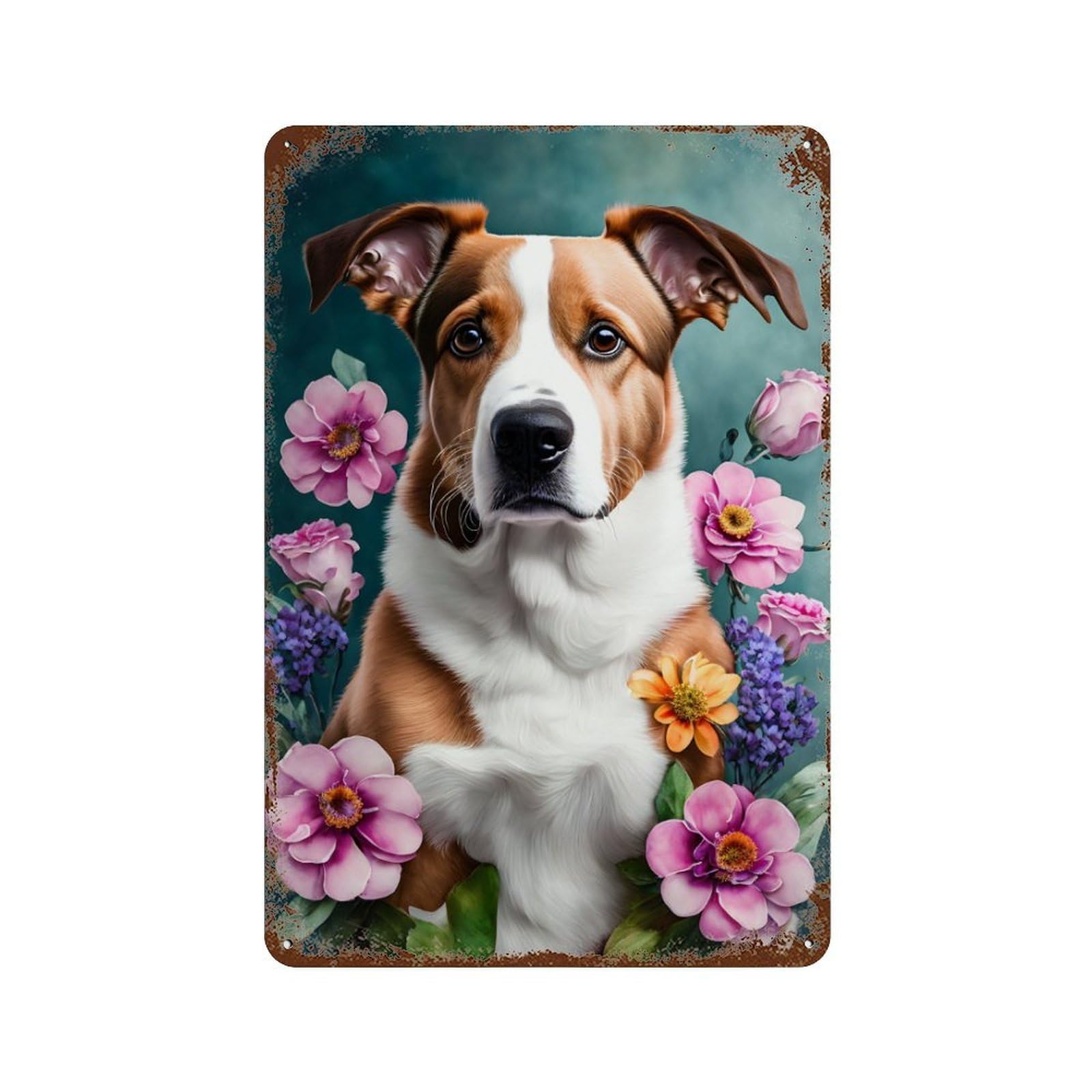 Floral Dog Portrait Art 11.8"x7.9" Weathered Tin Sign, Rustic Home Decor for Living Room, Hallway And Home Decor