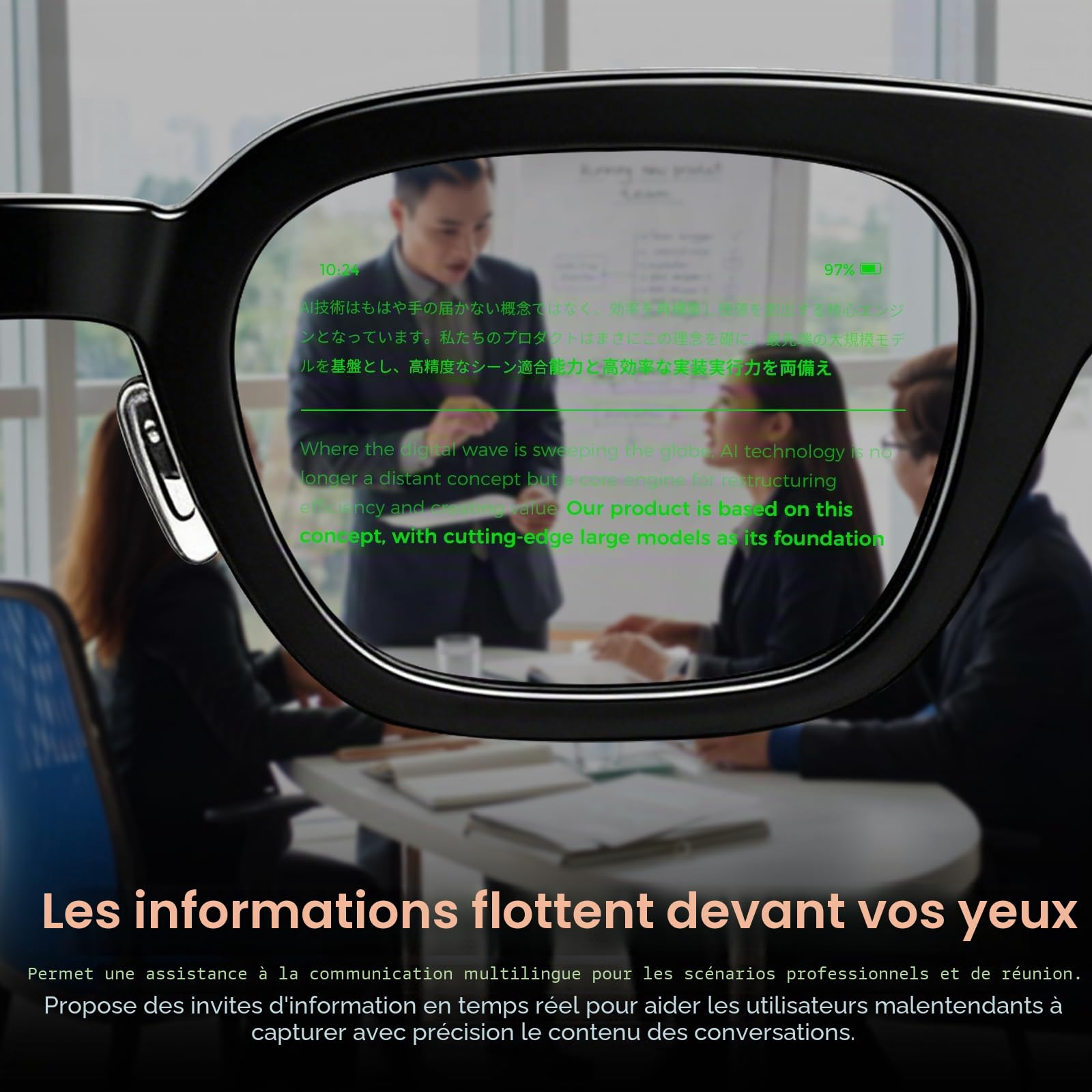 Lunettes Intelligentes AR avec Traduction Vocale en Temps Réel,Téléprompteur À Affichage IA,Plus De 40 Langues en Ligne Et 8 Hors Ligne,Double Batterie 440 MAh,pour Réunions d'affaires Et Voyages