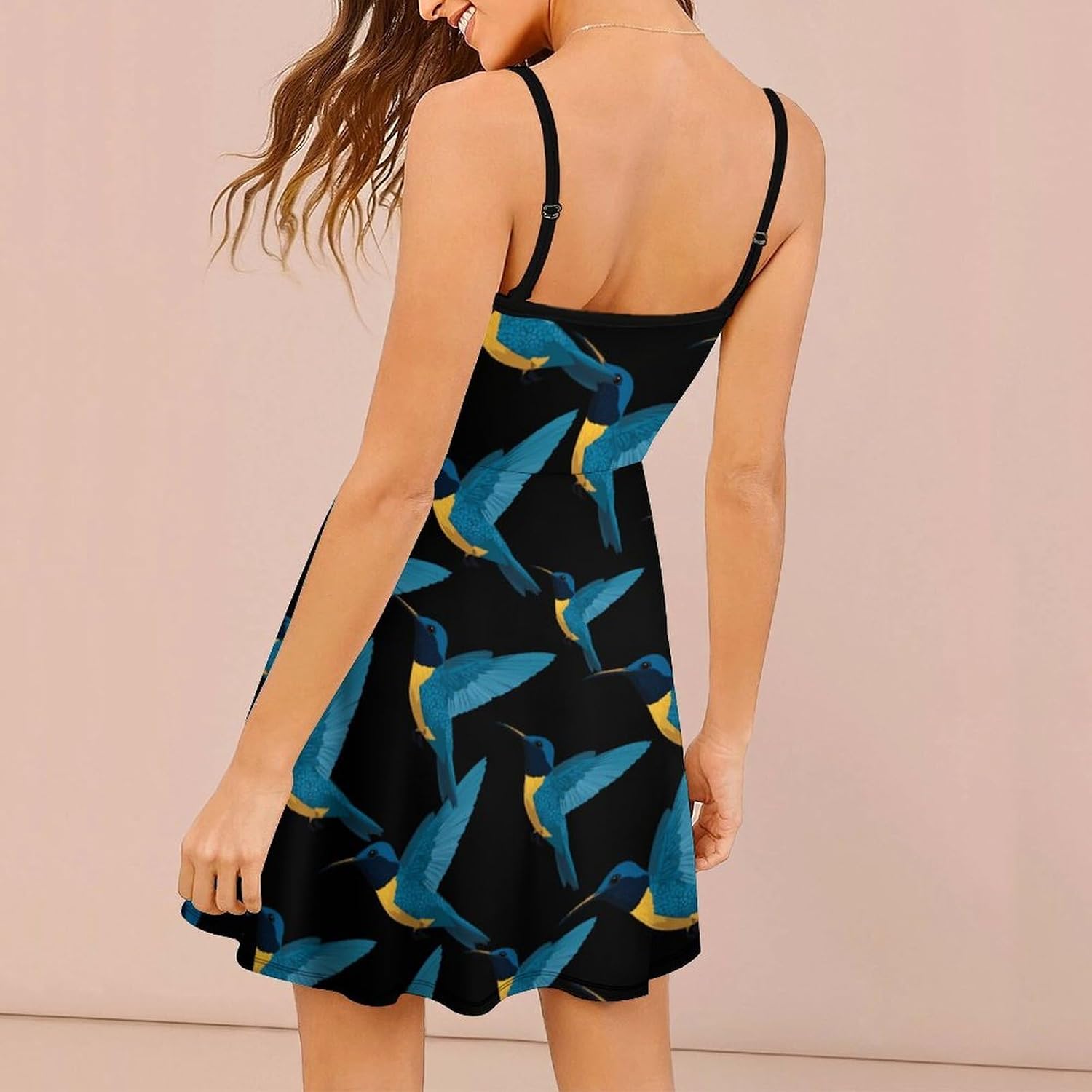 Hummingbird Short Cami Dress for Women Adjustable Spaghetti Strap Flowy Sundress Beach Vacation