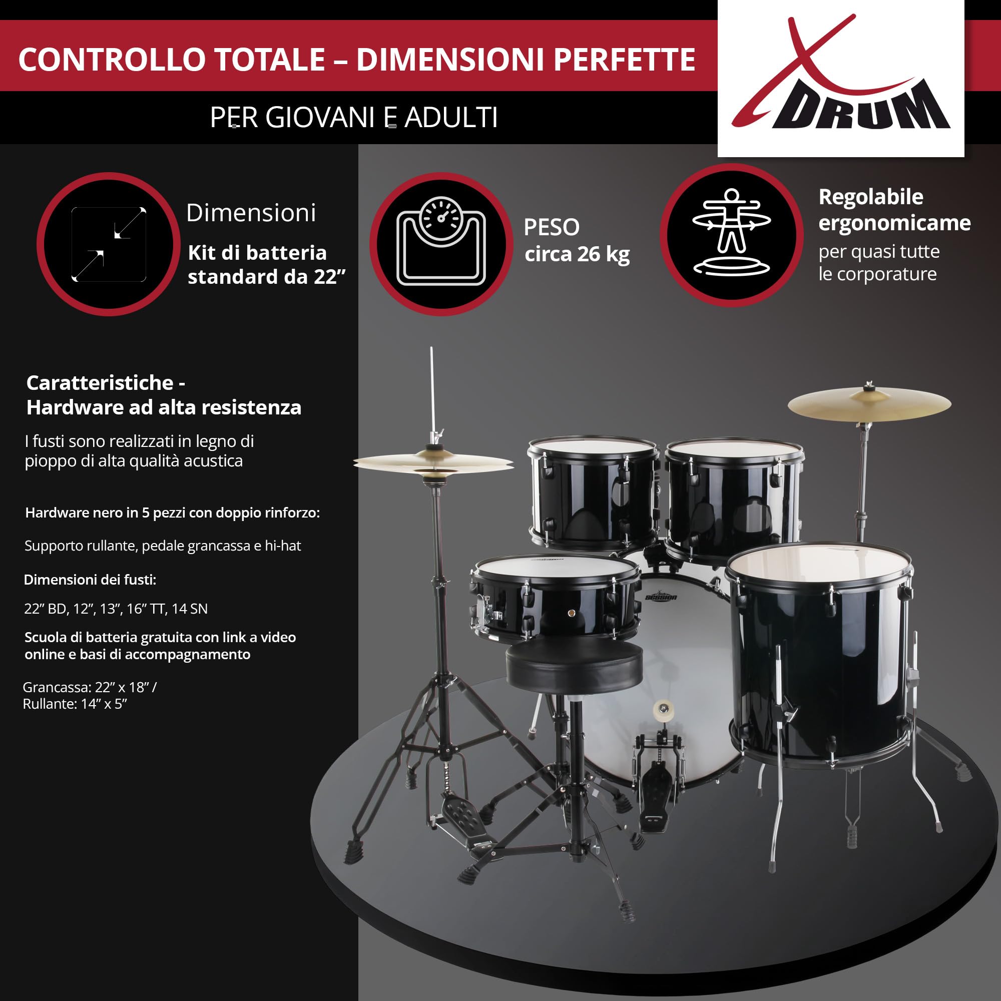 XDrum Rookie 22" Standard Batteria Completa Black - Ideale per Principianti - Hardware Elegante in nero - Incl. Bacchette 5B, Istruzioni di Montaggio e Scuola di Batteria - Nero