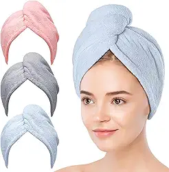 kit 3 Toalha de Cabelo de Microfibra, Turbantes de Cabelo para Cabelos Molhados, Toalhas de Secagem para Cabelo Cacheado Mulheres Anti Frizz (Azul, Cinza, Rosa)