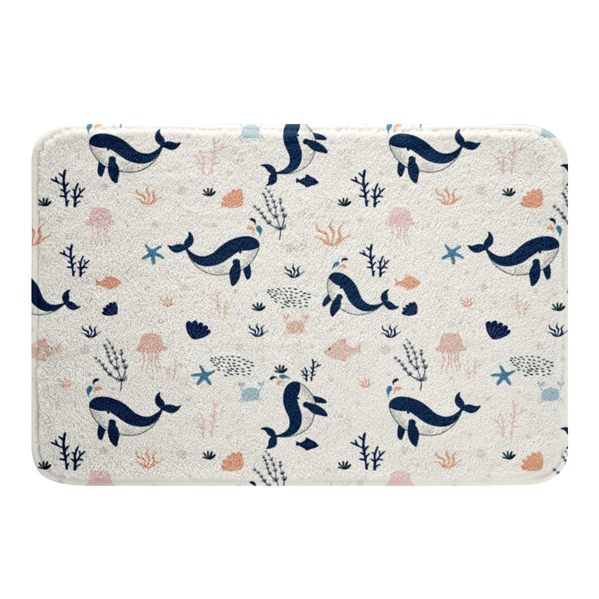 Whale 16"x24" Bath Mat Kids Coastal Sea Animal Bathroom Rugs for Teenage Boy Girl, Ocean Creatures Under The Sea Doormats Floor Mats, Cute Cartoon Sealife Non Slip Bath Rug (Navy Blue White, Whales)