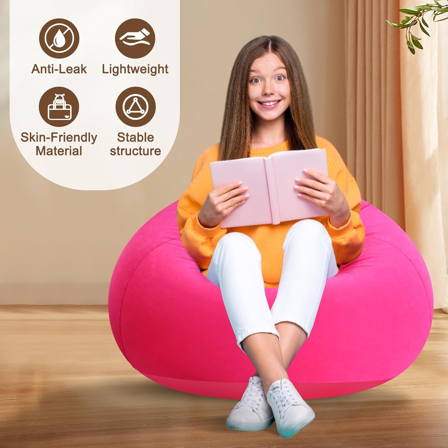 2 Pcs Small Bean Bag Chair Inflatable Chair Blow up Games Chairs Foldable Flocking Inflatable Sofa Portable Inflatable Chair for Living Room Bedroom(Orange, Rose Red)
