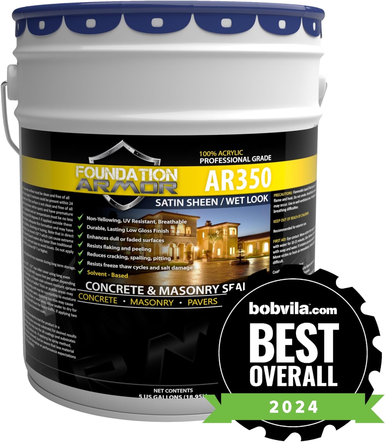 Armor AR350 Low Gloss Wet Look Concrete Sealer 5 Gallon - Professional Grade Color Enhancing Solvent Based Acrylic Sealer for Exterior Concrete and Pavers - 50 VOC