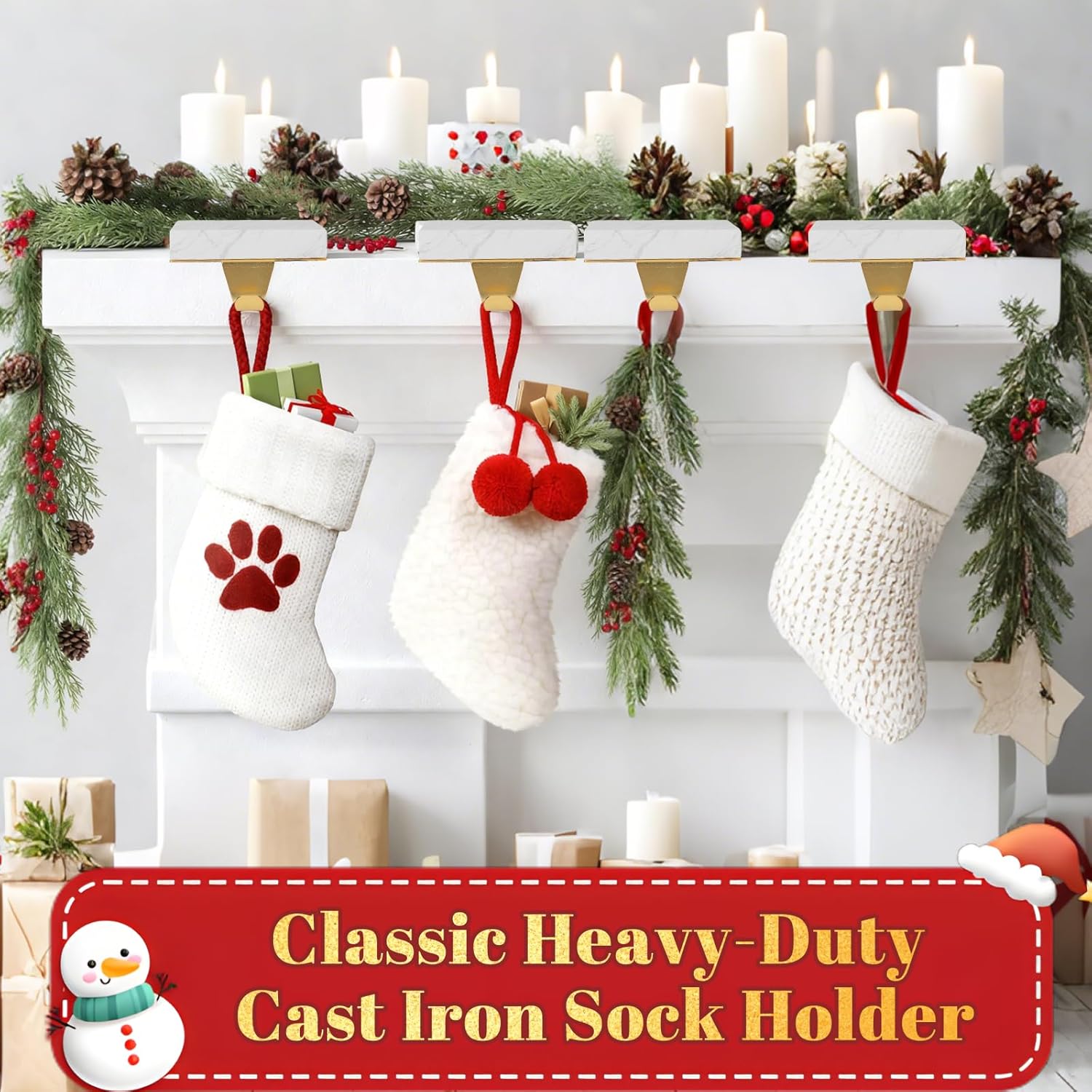 Christmas Stocking Holder Set, Stocking Holders for Mantle, Heavy-Duty Christmas Ornament Hooks for Hanging Stockings, Decorations on The Mantelpiece (4pcs)