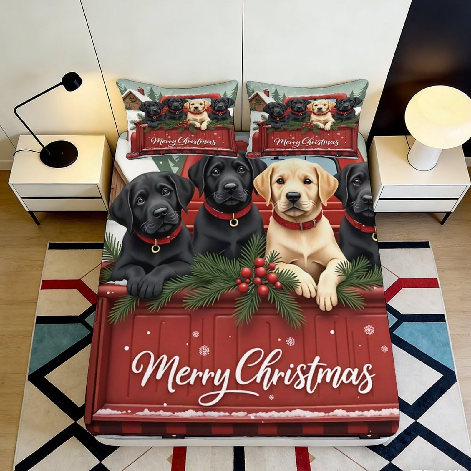 3D Printed Christmas Dogs Fitted Sheet Microfiber Soft Durable Merry Christmas Bed Cover for Bedroom Dormitory Guest Room Mattress Protection 180x200x25cm