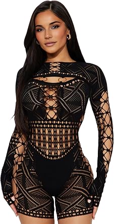 KIZOIEJE Womens Sexy Long Sleeve See Through Hollow Out Sheer Ultra Stretchy Mesh Bodysuit