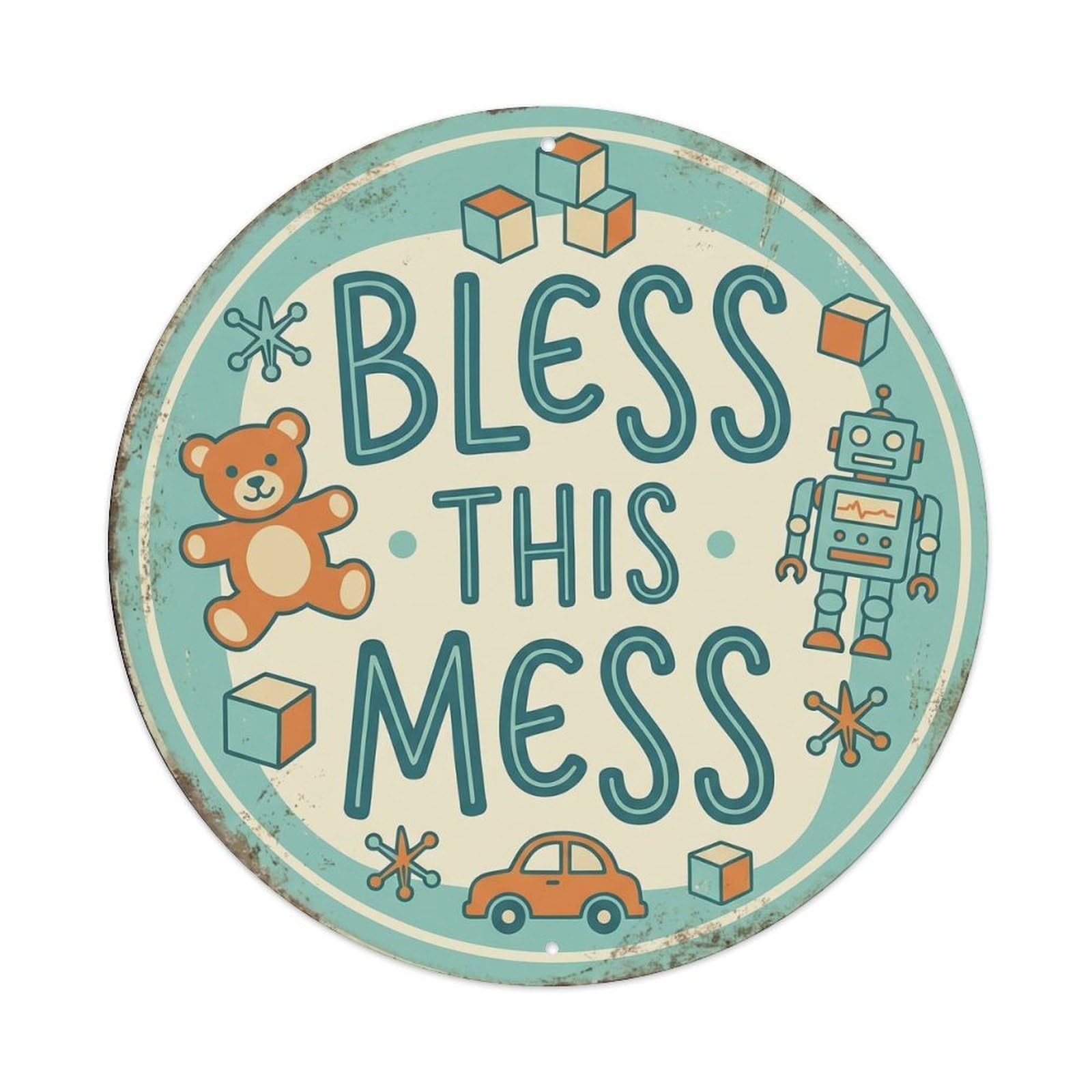 Bless This Mess Nostalgic Indoor Ornament Retro Slogans Metal Tin Sign Plaque Wall Decor for Cafe, Club Bar, Office, Home Garden Round Metal Poster 8x8Inch