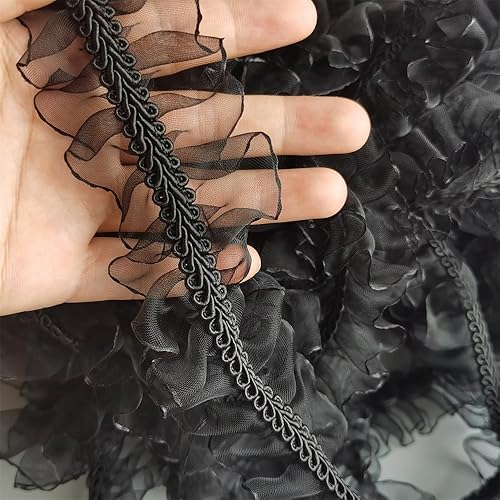 Miniatura 2 de 5 yardas de nailon negro y blanco para tejer doble plisado de organza de encaje con volantes, cinta de gasa hecha a mano, costura artesanal, vestido