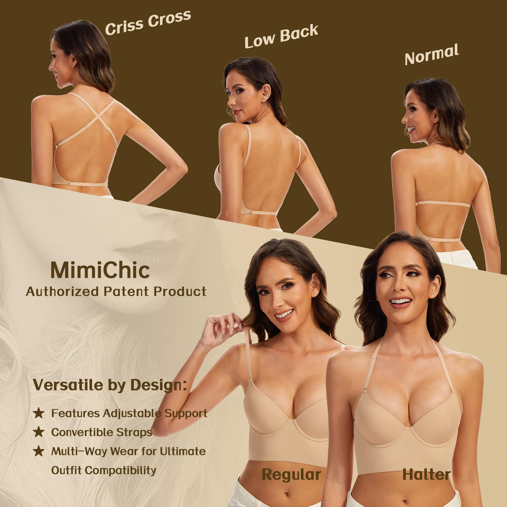 Soutien Gorge Dos Nu-Invisible Multiples et Transparent Convertibles Soutien Gorge sans Coutures à Léger Rembourrage
