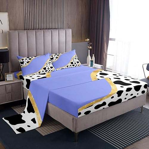 Manfei Juego de sábanas con estampado de vaca tamaño matrimonial, juego de sábanas de piel de vaca blanca y negra, 4 piezas con sábana bajera de
