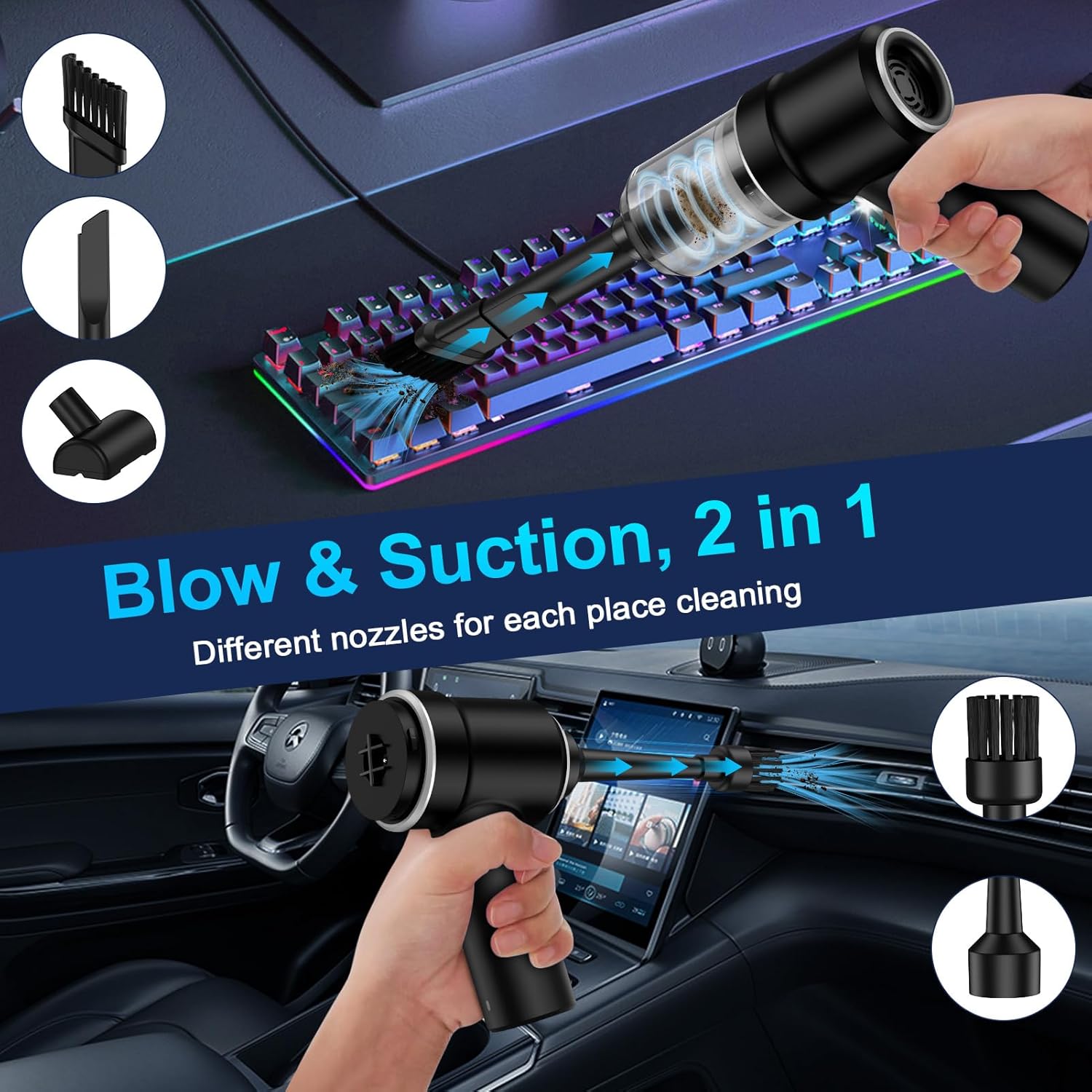 VIFIGEN vacuum cleaning a keyboard and blowing air in a car interior