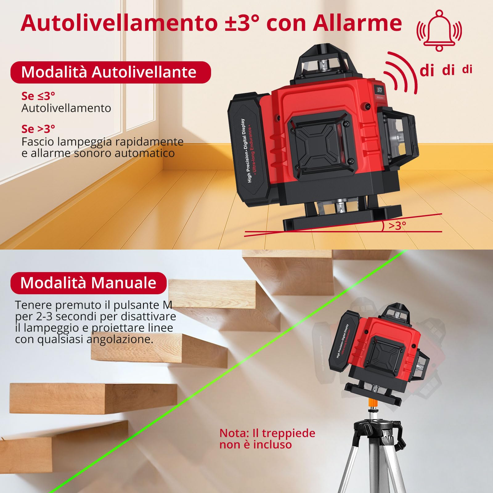 XUNTOP Livello Laser Autolivellante Verde 16 Linee 4x360° con Telecomando, 2×Batterie Ricaricabili 2400mAh (6 Ore), IP54, Base Magnetica Livello Laser 360 gradi per Piastrelle, Soffitti, Mobili