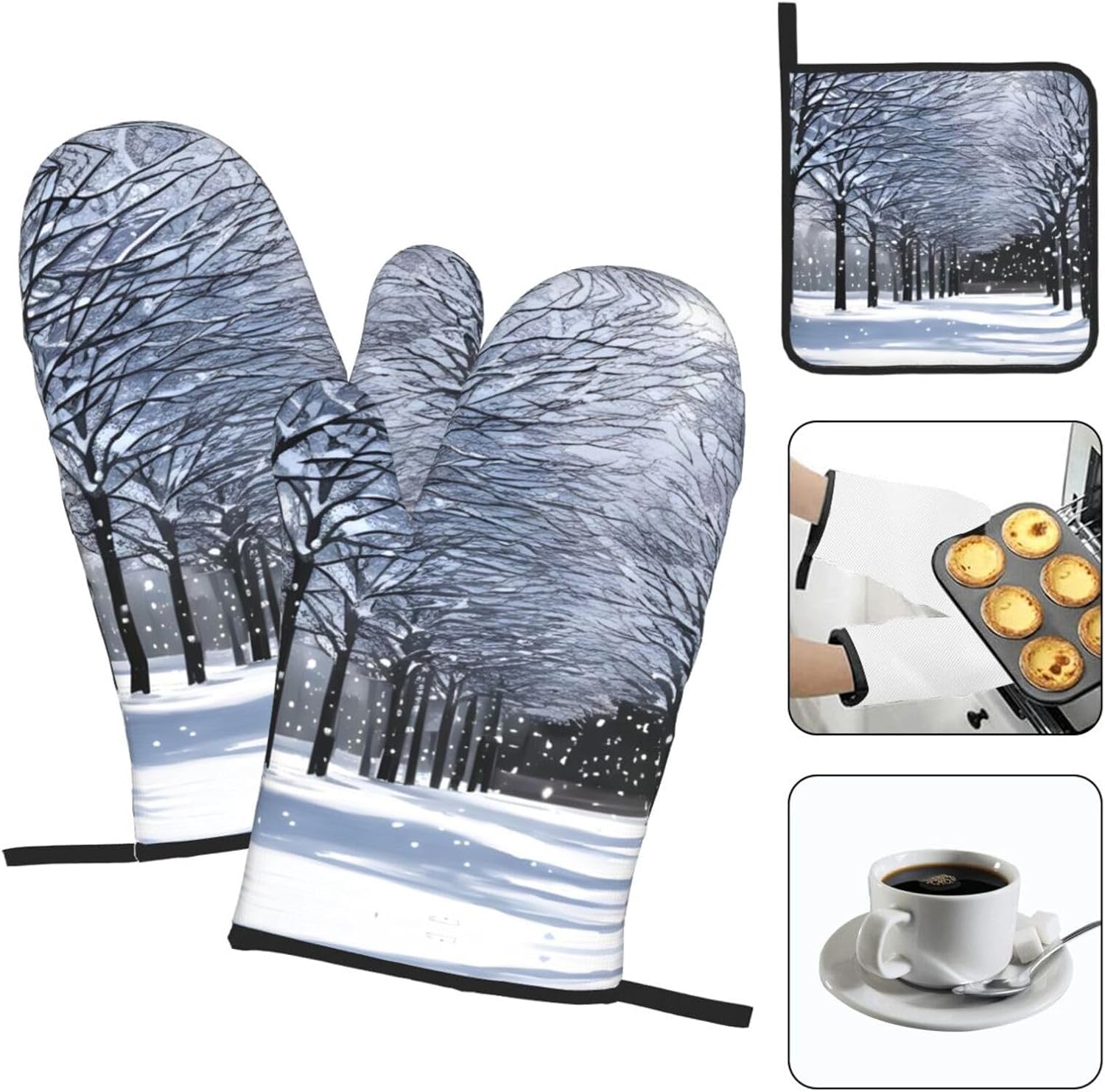 Snow Falling in The Park Print Heat Resistant Microwave Gloves, Used for Baking, Cooking, and Fashion Kitchen Essentials