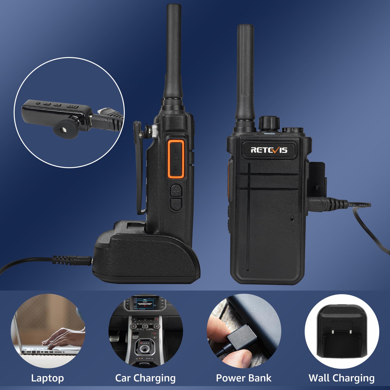 Retevis RB637 Walkie Talkies, Bluetooth Walkie Talkie con Auricolare, Portatile Ricaricabile, 2000mAh, VOX, Professionale Radio Ricetrasmittenti per Ristorante Hotel (Nero, 4Pz)