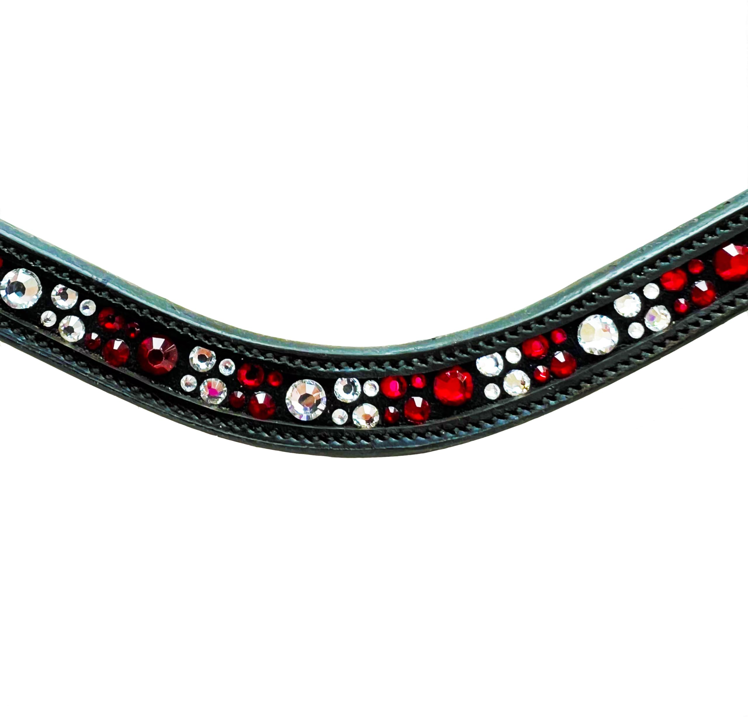 Stirnriemen Pferd Leder mit roten und silbernen Steinen – Glitzer Stirnband für Trense – Hochwertiges Lederstirnband mit Klettverschluss, passt auf alle Trensen. (Cob)