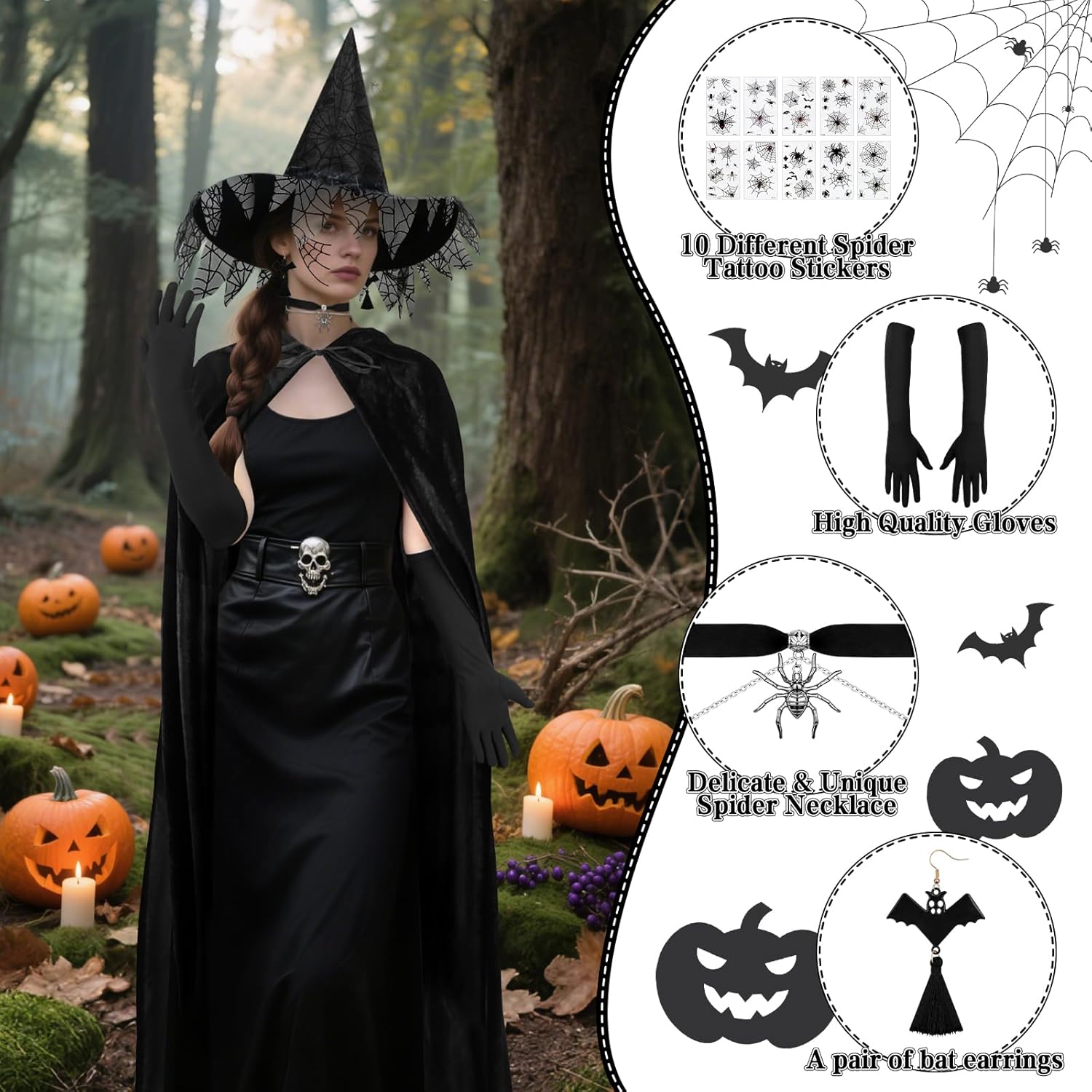 SelfTek Witch Costume for Women - Halloween Womens Wit-ch Costume, 17-Piece Hooded Cloak, Witc-h Hat, Long Gloves, Spider Necklace, Eardrop, Tattoo Stickers, for Halloween, Cosplay Props Party Outfits - Image 4