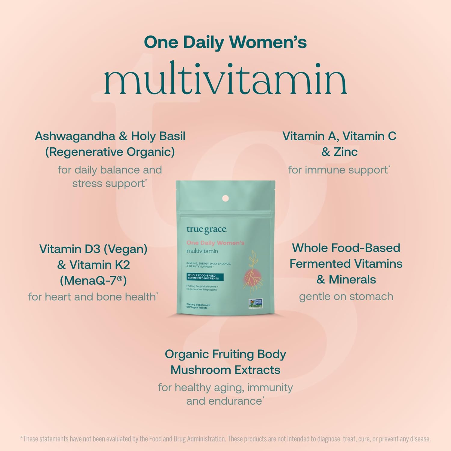 True Grace One Daily Women’s Multivitamin Fermented Minerals, Organic Adaptogens & Mushrooms Whole Body Balance, Immune, Energy, Beauty Support - Non-GMO, Gluten Free, Soy Free - 90 Vegan Tablets