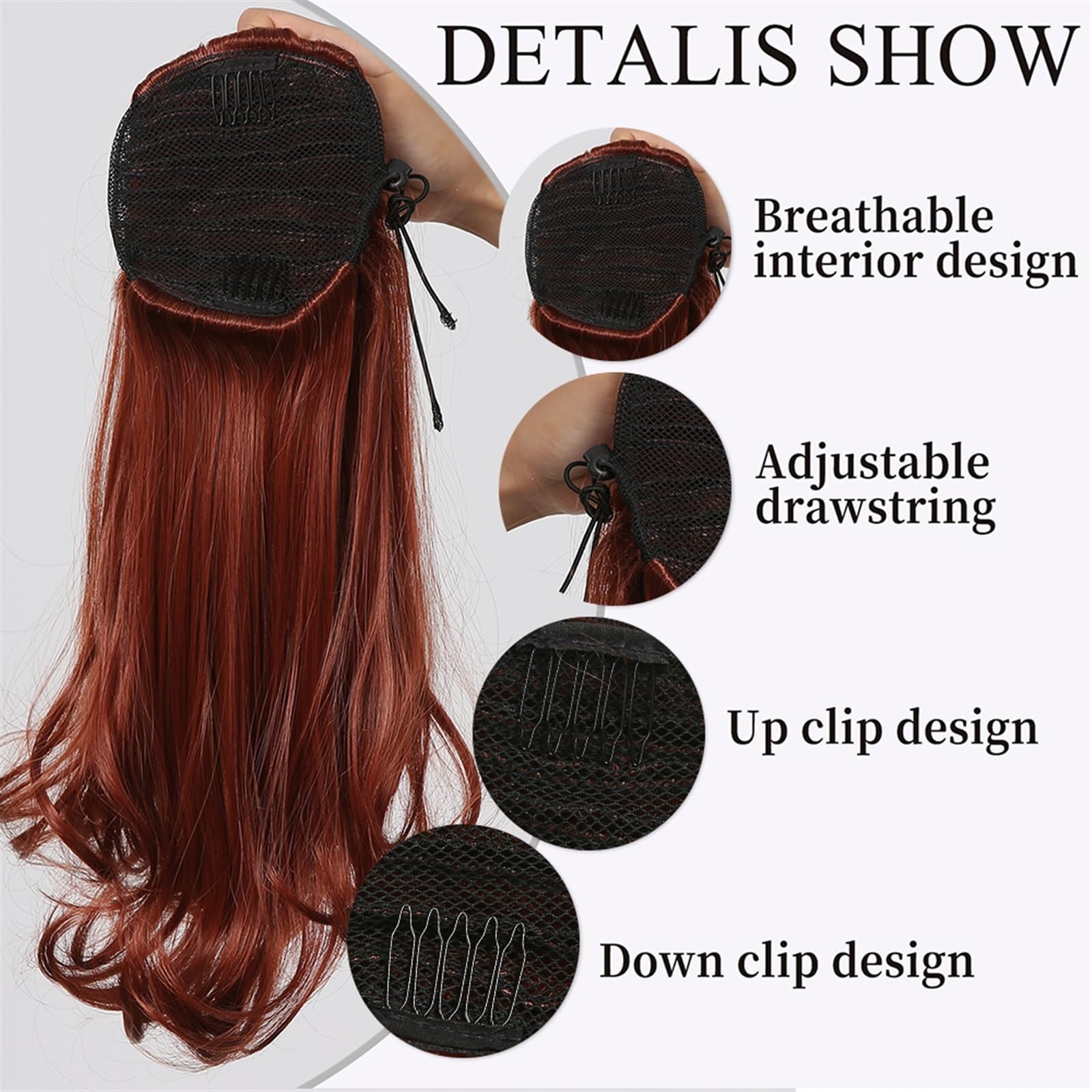 Cola de Caballo Extensiones de cabello de cola de caballo for mujer, cordón sintético, cola roja y marrón, postizos rectos, pelo de Cosplay resistente al calor Chica Postizos de Pelo(NMW1026-5)