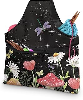 KUIFORTI Mushroom Yarn Bag Black Crochet Bag Organizer, Canvas Tote Yarn Storage Knitting Bag for Crocheting, Travel Crochet Bags and Totes, Crochet Accessories, Large Size, Msuhroom Daisy Butterfly