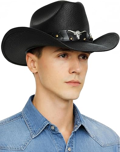 thuizen Sombrero de vaquero de paja con corona de ganadero occidental para hombre y mujer
