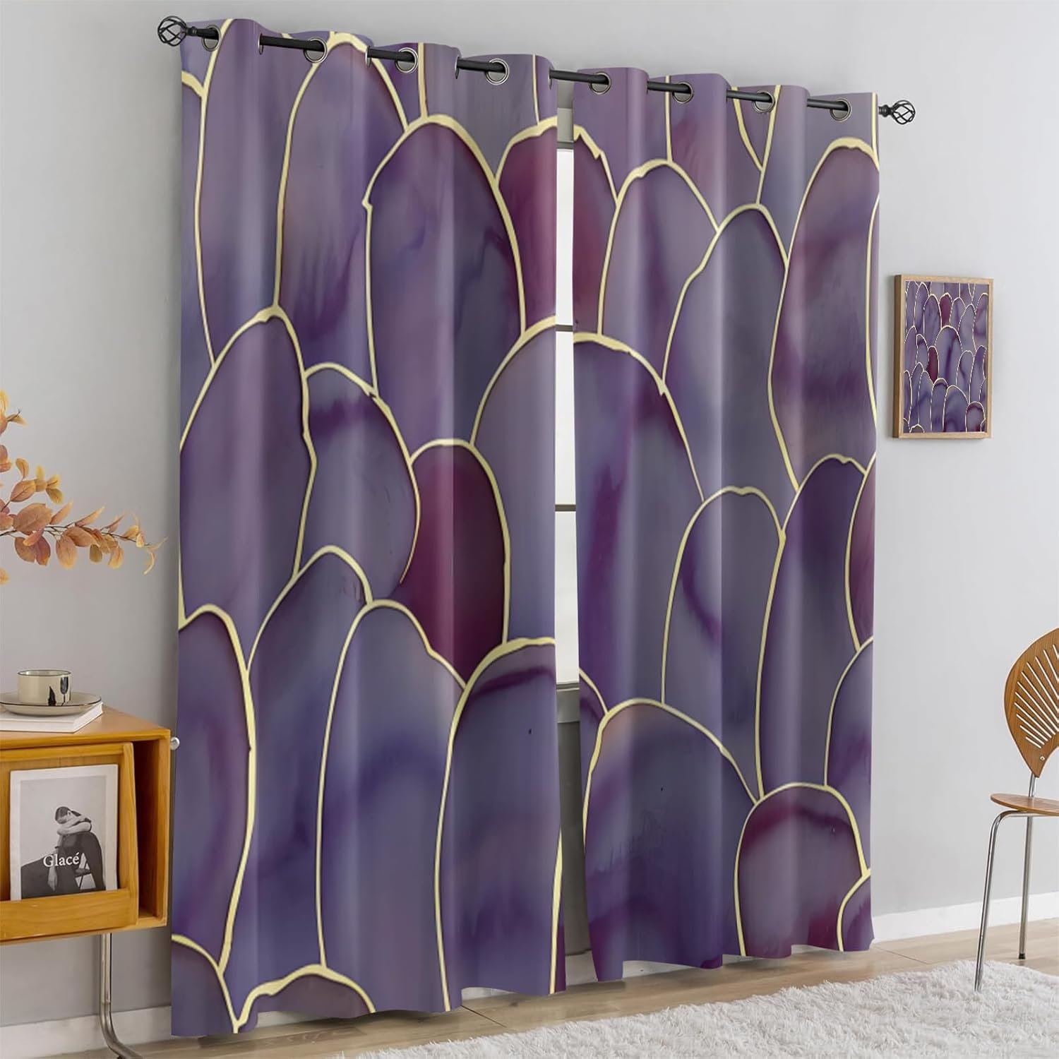 Purple Agate Marble Curtains for Bedroom, Luxury Gold Geometric Lines Blackout Drapes, Thermal Insulated Grommet Top Window Treatments, for Office Kitchen and Living Room (26" W x 39" L) x 2