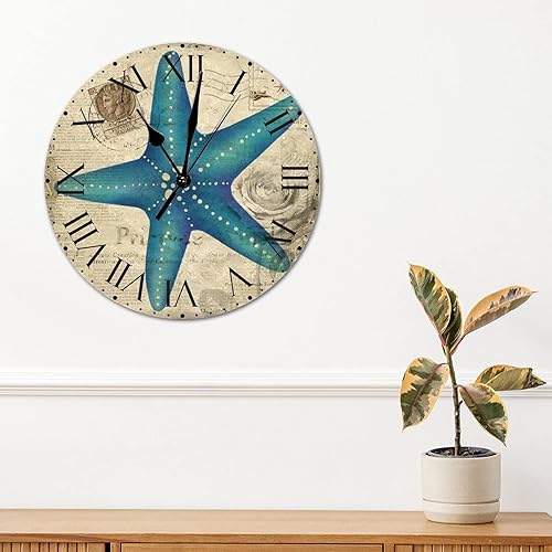 Miniatura 292 de ArogGeld Reloj de pared con diseño de estrella de mar antigua francesa, de cloruro de polivinilo, con números romanos, de 10 pulgadas, funciona