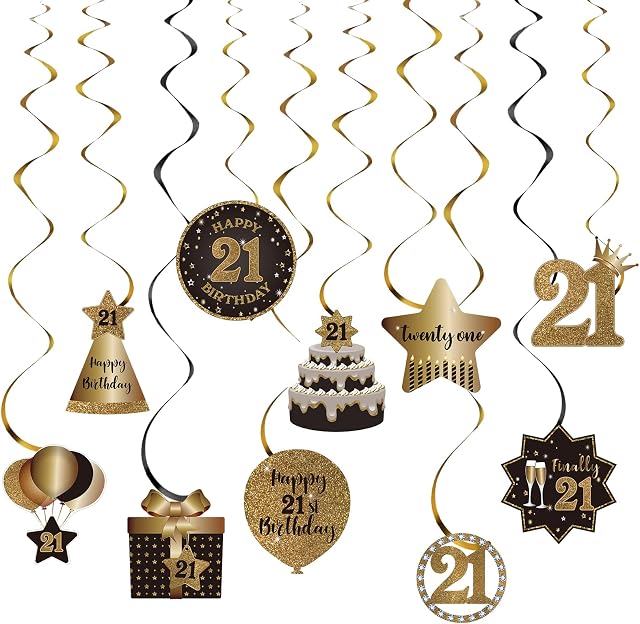 Happy 21st Birthday Party Hanging Swirls Streams Ceiling Decorations, Celebration 21 Foil Hanging Swirls with Cutouts for 21 Years Old Black and Gold Birthday Party Decorations Supplies