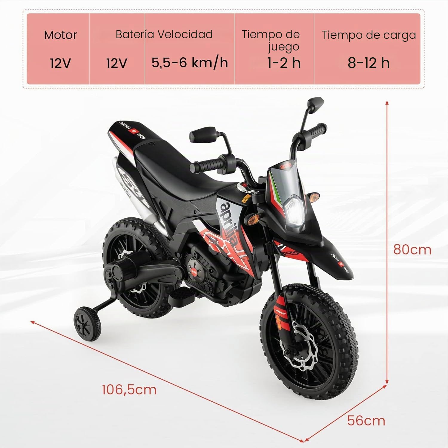 FANTASK Aprilia 12V Motocicleta Eléctrica Infantil 5,5-6 km/h, Motocicleta Infantil con Estabilizadores y Música y Faros, Rojo y Negro Motocicleta para Niños de 3 a 8 Años, Rojo