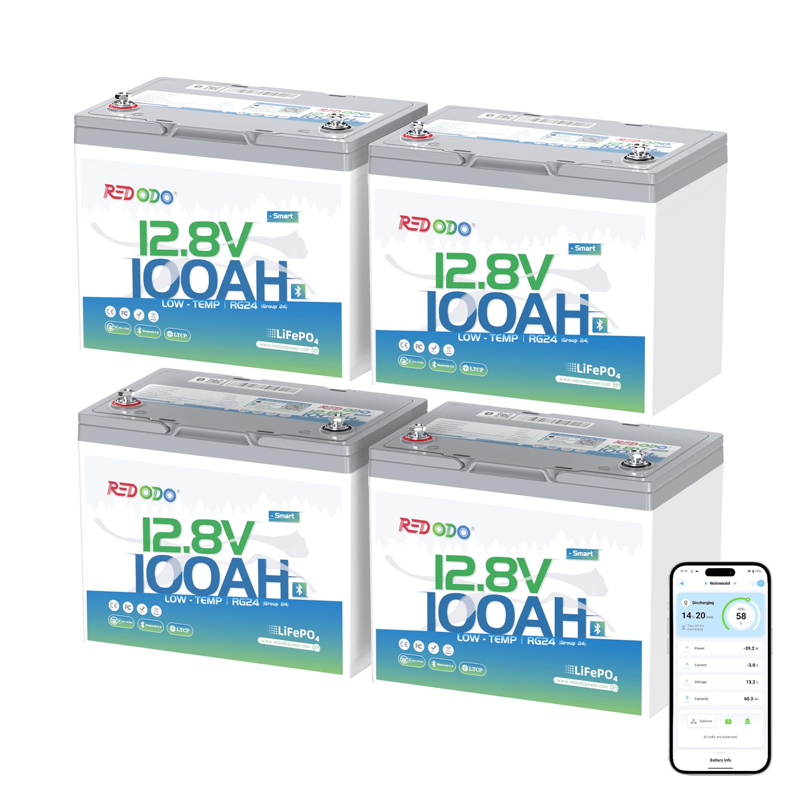 Redodo 12V 100Ah LiFePO4 Group 24 Bluetooth Trolling Motor Battery 4 Pack