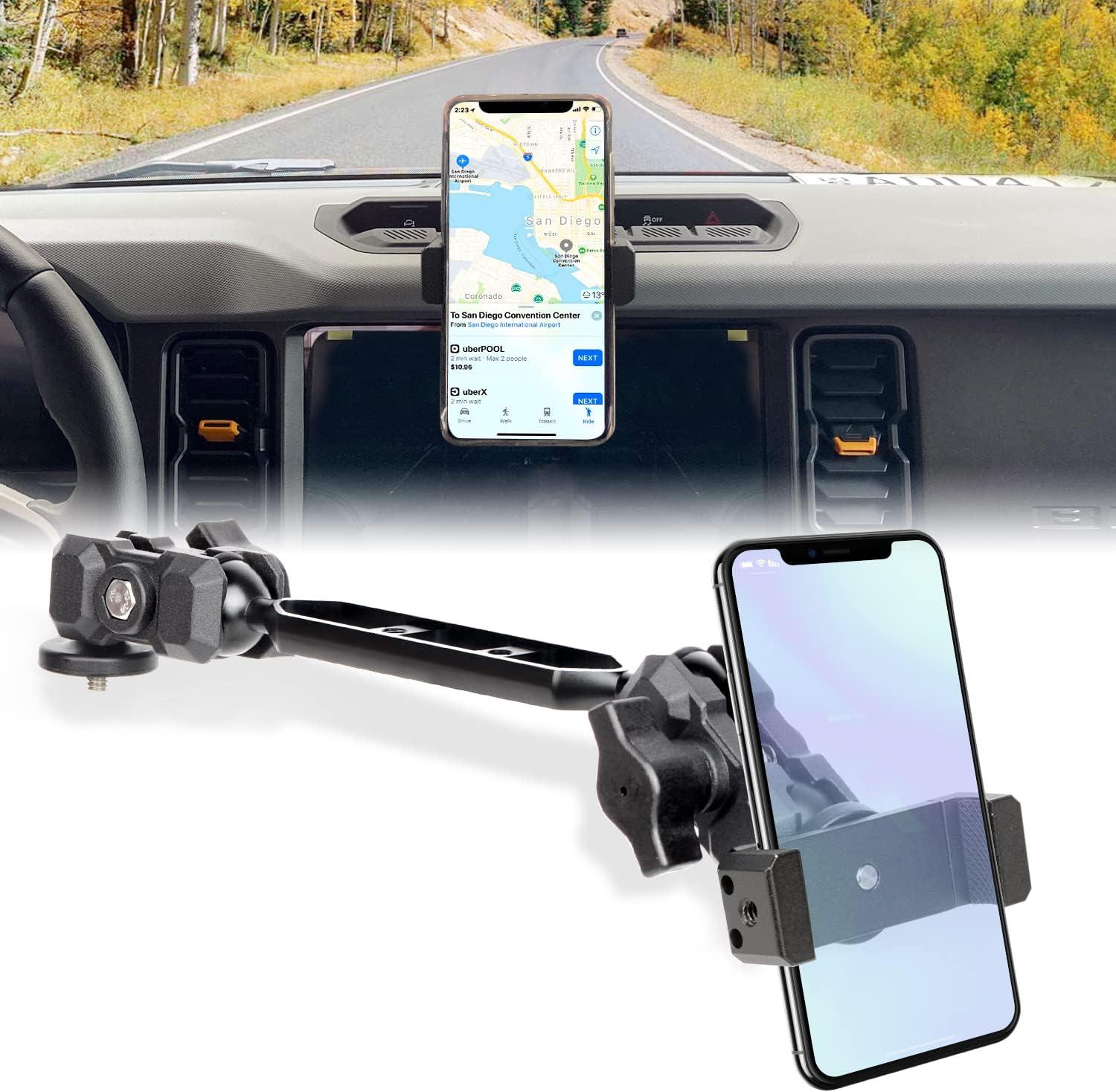 OMU Bronco Phone Mount,2 Stage Ball -Socket Design, All-Metal Structure,360° Adjustment Dashboard Cell Phone Mount Suitable for Ford Bronco 2021+ for All Smartphones(Non-Destructive Installation)