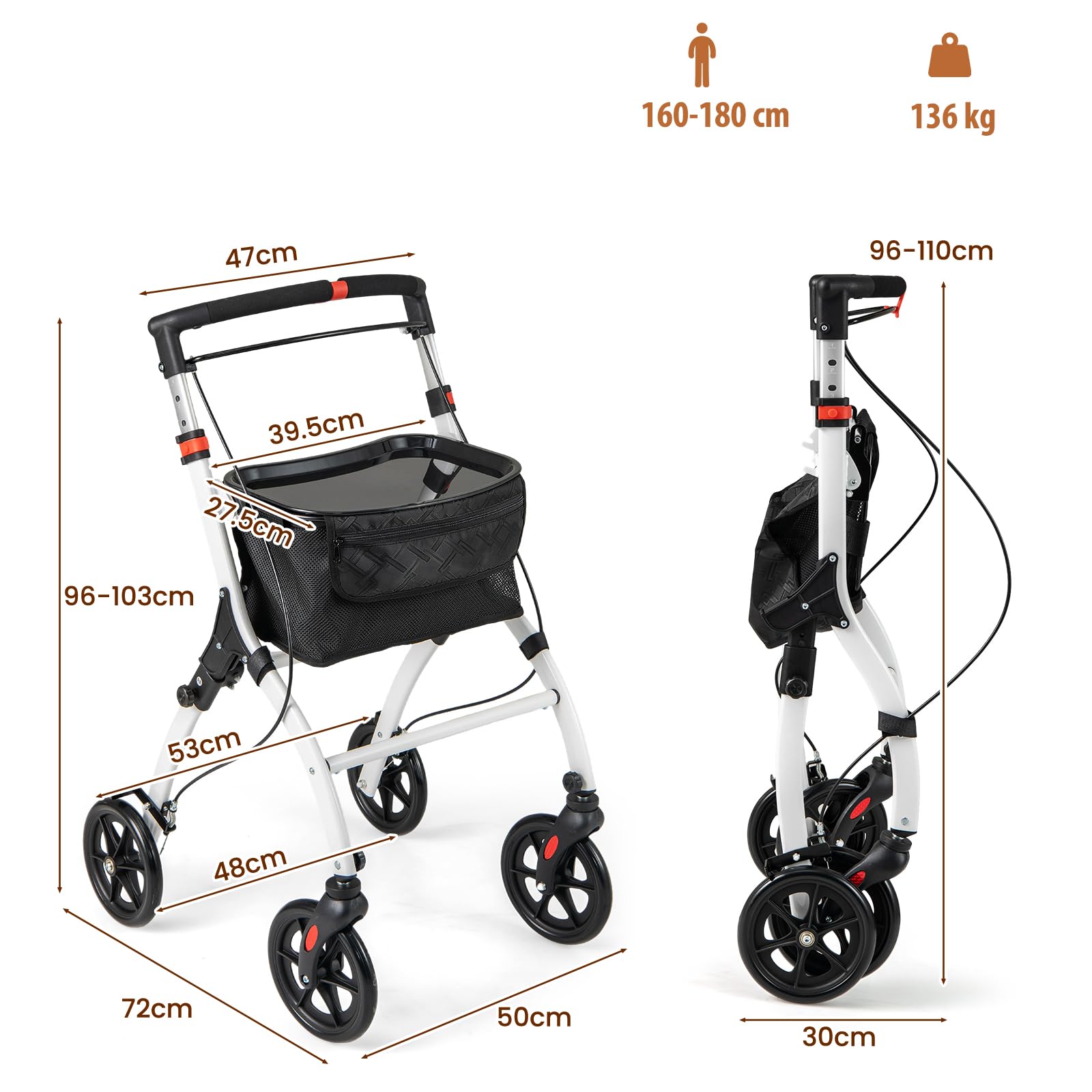 GYMAX Deambulatore Stretto per Casa, con Vassoio e Borsa, 4 Ruote, Rollatore Pieghevole Leggero in Alluminio, Girello Regolabile in Altezza per Anziani, Deambulazione, 72 × 53 × 96-103 cm