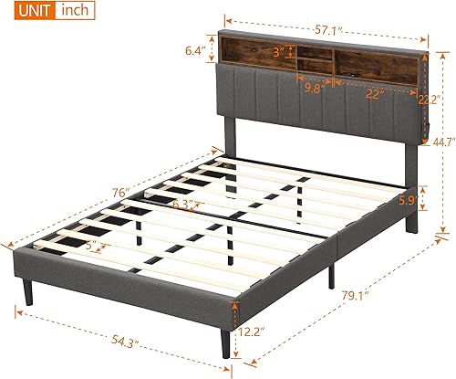 Miniatura 2 de Harper & Bright Designs Cama de plataforma de tamaño matrimonial, cama tapizada con cabecera de almacenamiento y puerto USB, cama tapizada de tela