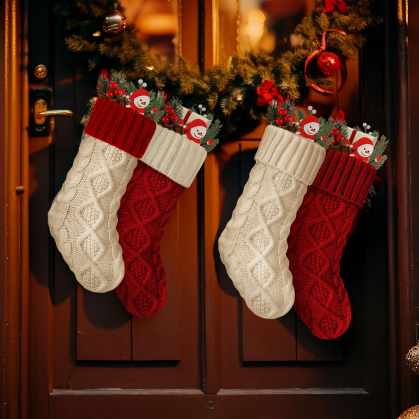 Hungdao Mini-Weihnachtsstrümpfe, gestrickt, 21,6 cm, rustikale Socken, doppelseitig, Kamin, hängende Vintage-Strümpfe für Familie, Weihnachtsdekoration, Rot, Weiß, 12 Stück