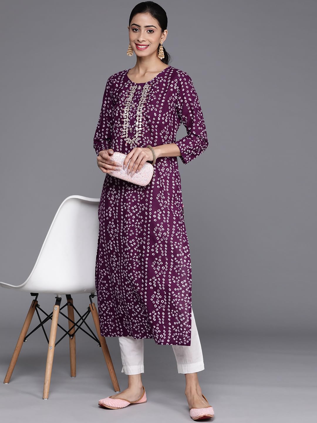 Jaanvi Fashion Kurta da Donna in Cotone Ricamato a Specchio Bandhani - Abbigliamento Etnico, Casual e Festivo, Comodo ed Elegante